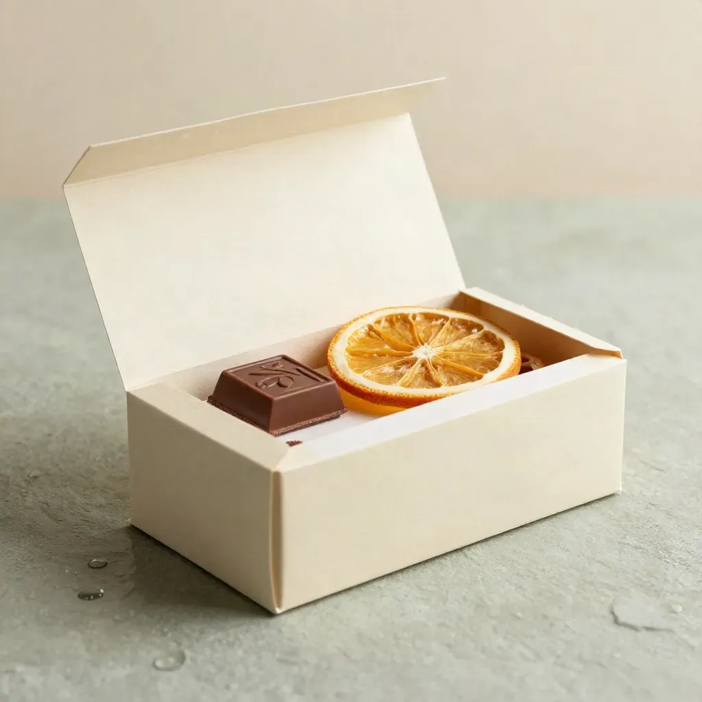 Verjaardagsbox met kaart, chocolade en gedroogde citrus op een natte sage steen.