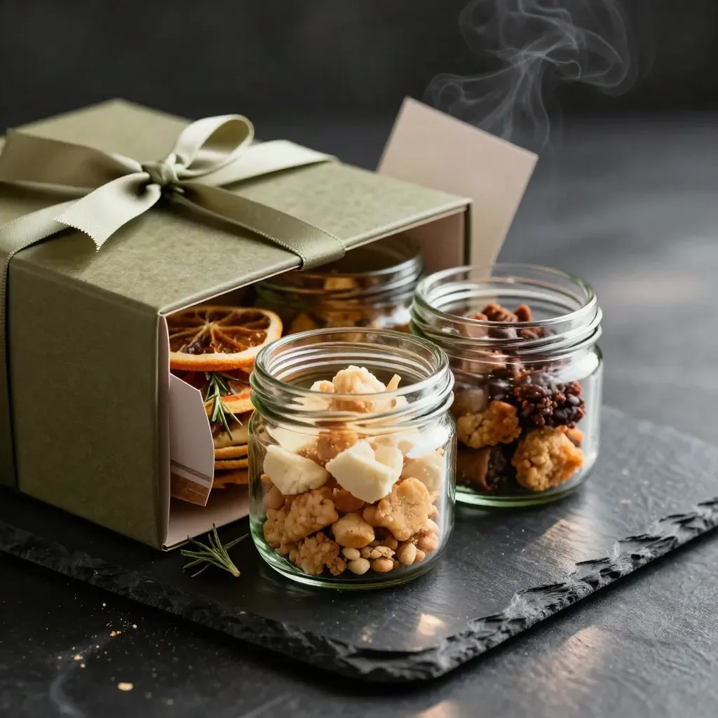 Borreldoos met snackbox-inhoud, glazen potjes en gedroogde garnituren op zwarte steen.