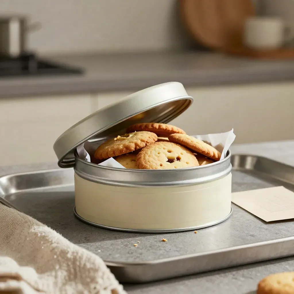 Open koekblik met koekjes op bakpapier op een stenen aanrecht, warm en stijlvol belicht.